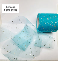 TULLE TURQUESA PUNTOS PLATEADOS HOLOGRAMA 6 CMS ANCHO