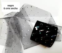 TULLE NEGRO PUNTOS PLATEADOS HOLOGRAMA 6 CMS ANCHO