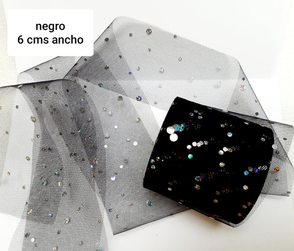 TULLE NEGRO PUNTOS PLATEADOS HOLOGRAMA 6 CMS ANCHO