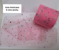 TULLE ROSA MEX PUNTOS PLATEADO HOLOGRAMA 6 CMS ANCHO