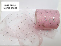 TULLE ROSA PASTEL PUNTOS PLATEADOS HOLOGRAMA 6 CMS ANCHO