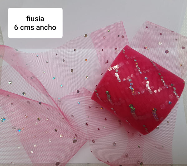 TULLE FIUSIA PUNTOS PLATEADOS HOLOGRAMA 6 CMS ANCHO