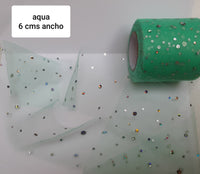 TULLE AQUA PUNTOS PLATEADOS HOLOGRAMA 6 CMS ANCHO