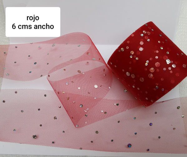 TULLE ROJO PUNTOS PLATEADOS HOLOGRAMA 6 CMS ANCHO