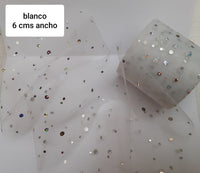 TULLE BLANCO PUNTOS PLATA HOLOGRAMA 6 CMS ANCHO