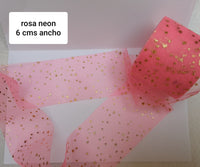 TULLE ROSA NEON ESTRELLAS DORADAS 6 CMS ANCHO