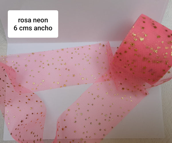 TULLE ROSA NEON ESTRELLAS DORADAS 6 CMS ANCHO