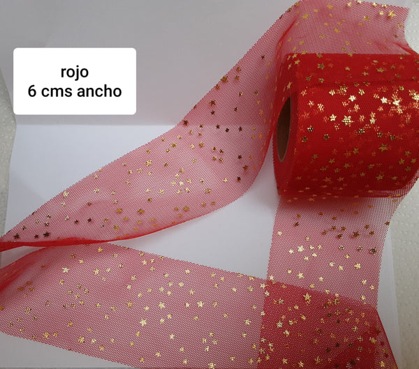 TULLE ROJO ESTRELLAS DORADAS 6 CMS ANCHO