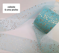 TULLE CELESTE ESTRELLAS DORADOS 6 CMS ANCHO