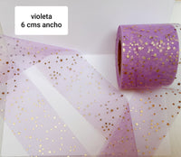 TULLE VIOLETA ESTRELLAS DORADAS 6 CMS ANCHO