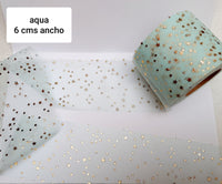 TULLE AQUA ESTRELLAS DORADAS 6 CMS ANCHO