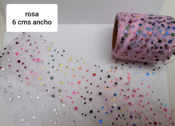 TULLE ROSA PASTEL ESTRELLAS COLORES 6 CMS ANCHO