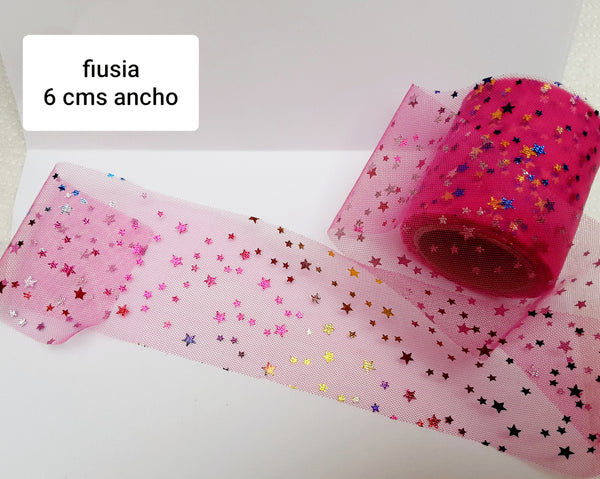 TULLE FIUSIA ESTRELLAS COLORES 6 CMS ANCHO